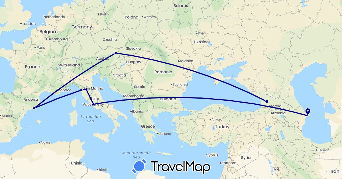 TravelMap itinerary: driving in Austria, Azerbaijan, Spain, Georgia, Italy (Asia, Europe)