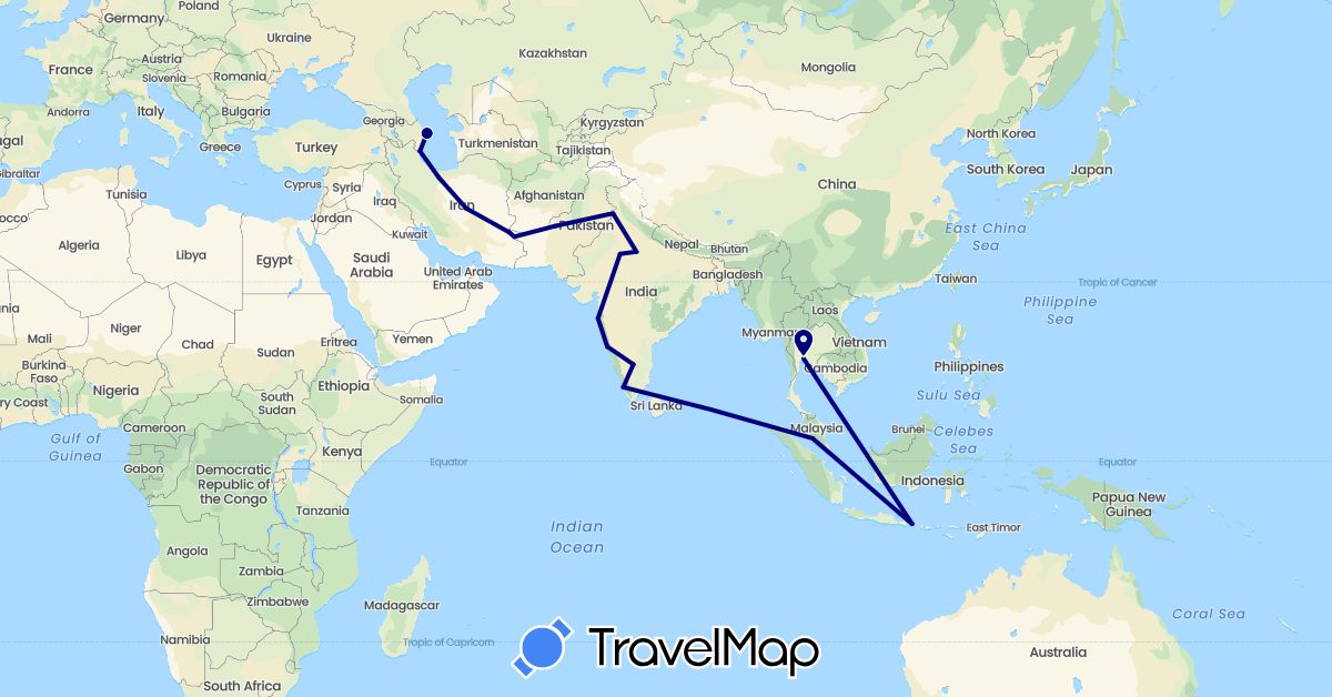 TravelMap itinerary: driving in Azerbaijan, Indonesia, India, Iran, Malaysia, Pakistan, Thailand (Asia)